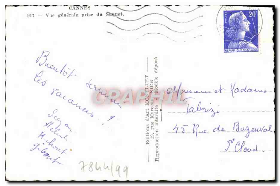 CPA Cannes Vue Generale Prise du Suquet Ski nautique  — Verso