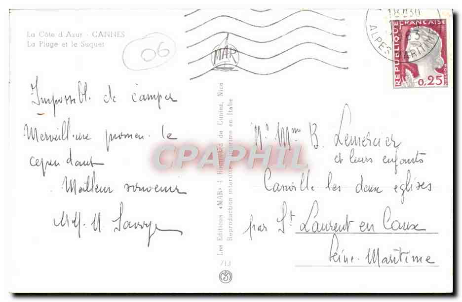 CPA Cannes Cote D'Azur La plage et le Suquet — Verso