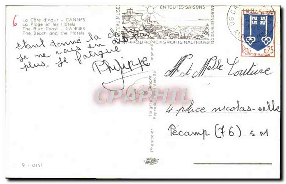 CPA Cannes La Plage et les Hotels Ski nautique — Rückseite