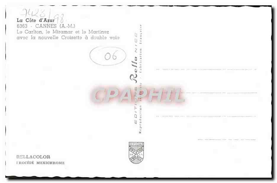 CPA Cannes Carlton le Miramar et la Martinez avec la nouvelle croisette a double voie  — Verso