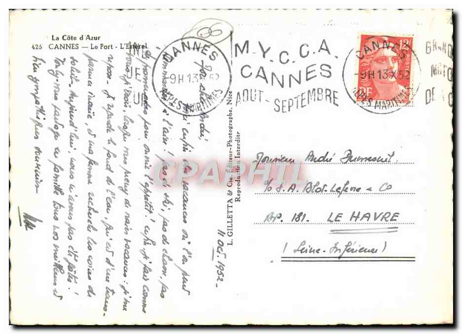 CPA Cannes Le Port L'esterel Bateaux  — Verso