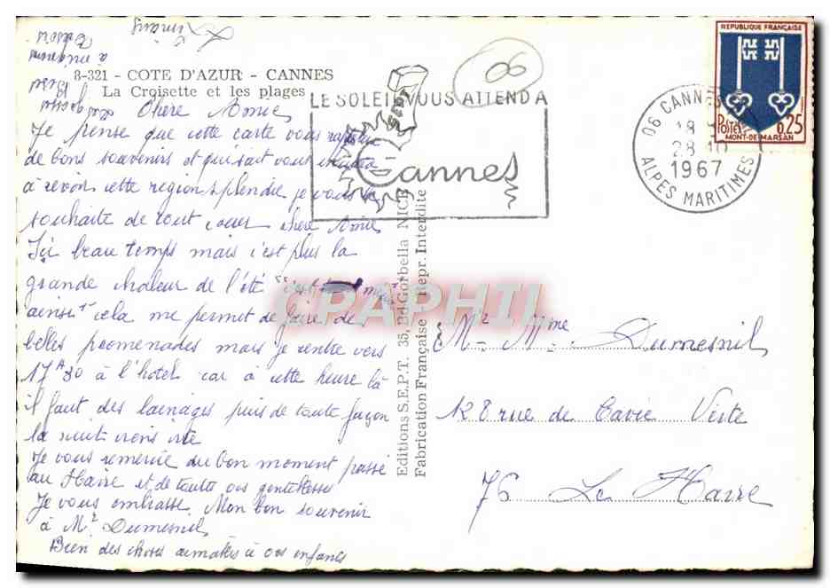 CPA Cannes Cote D'Azur La croisette et les plages  — Verso