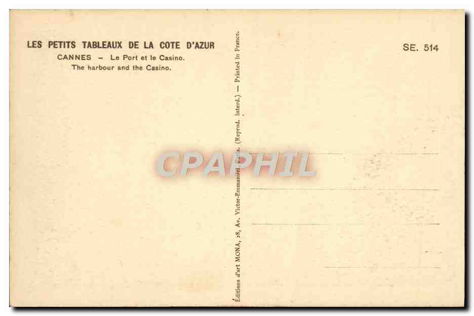 CPA Cannes Le Port et le Casino Bateaux — Verso