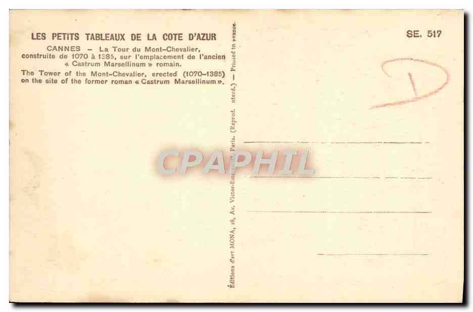 CPA Cannes La Tour Du Mont Chevalier — Verso