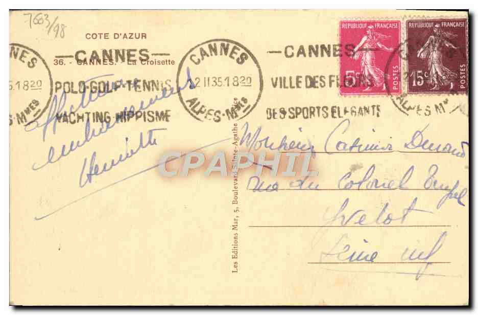 CPA Cannes La Croisette  — Verso