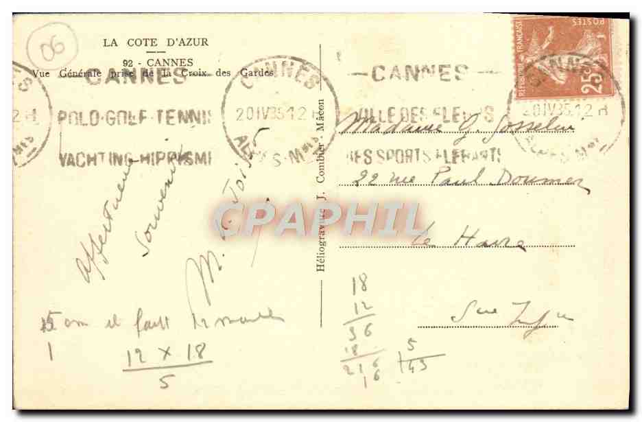 CPA Cannes Vue generale prise de la Croix des Gardes — Verso