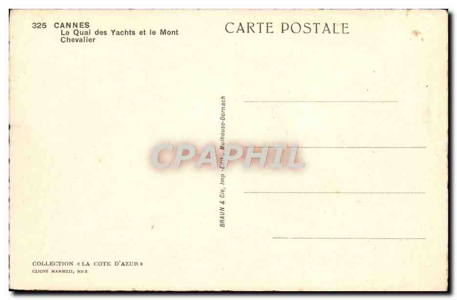 CPA Cannes Le Quai des Yachts et le Mont Chevalier Bateaux — Rückseite