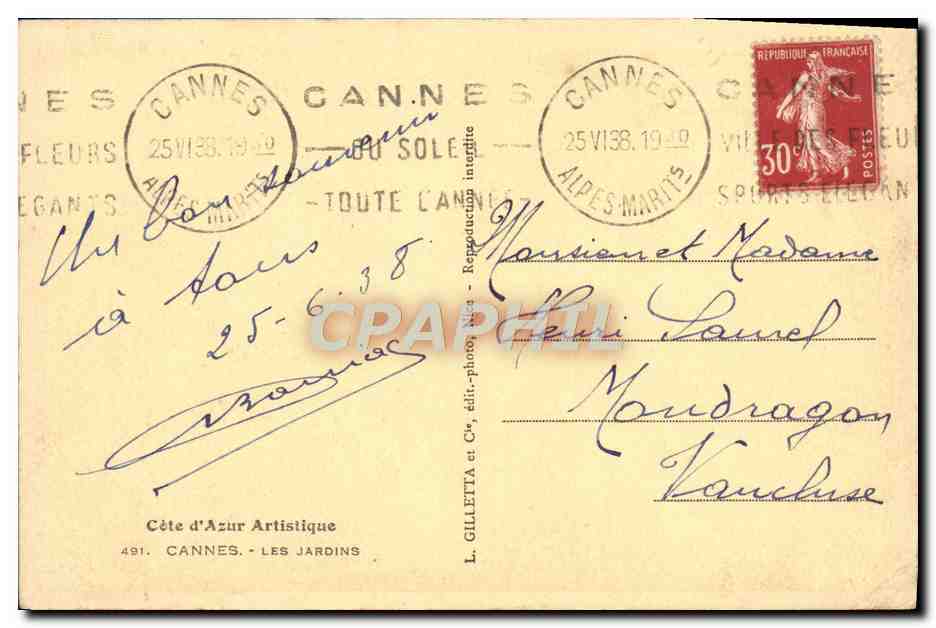 CPA Cannes Les Jardins  — Verso