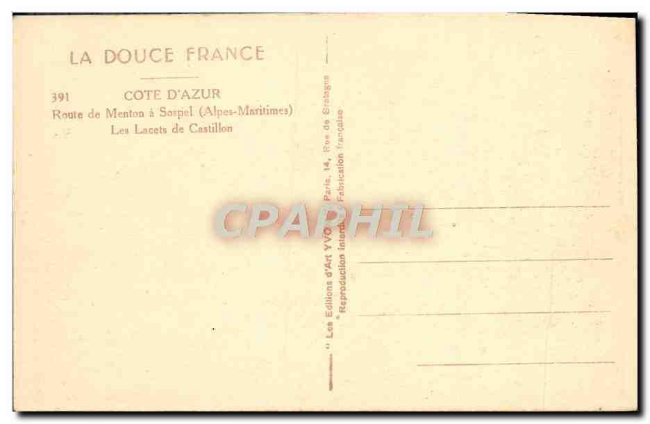 CPA Route de Menton a Sospel  — Verso