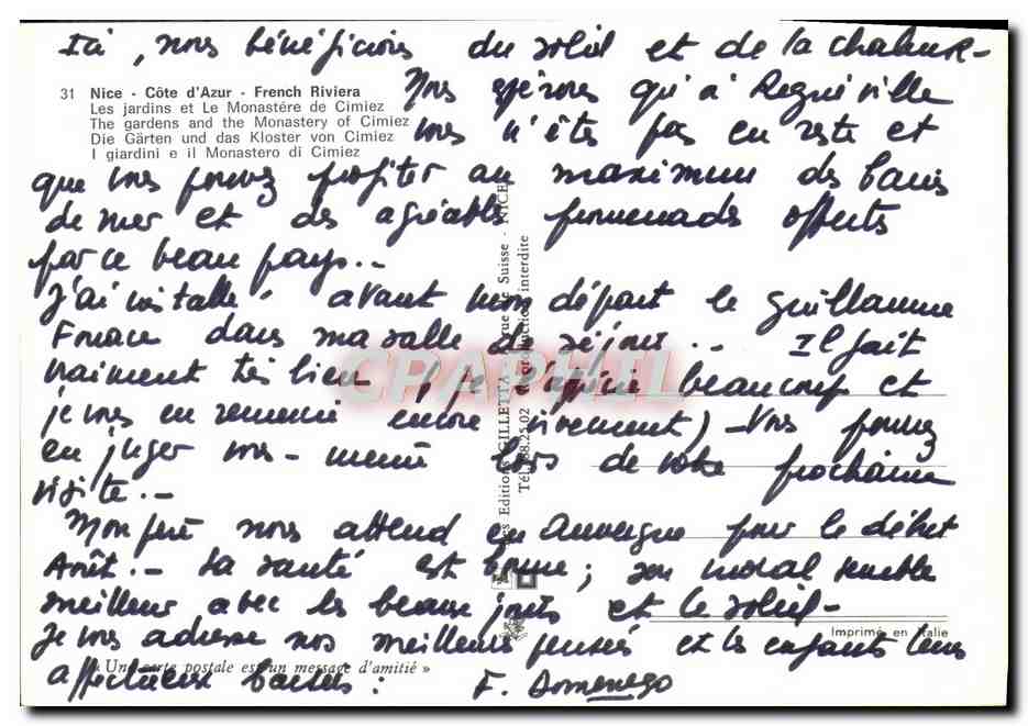 CPM Nice Cote d'Azur Riviera Les jardins et le Monastere de Cimiez  — Rückseite