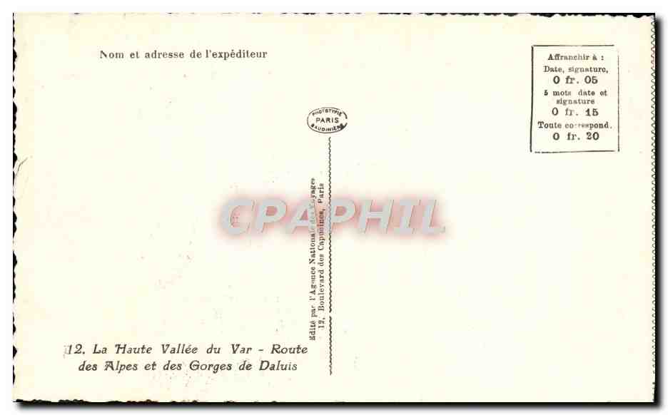 CPA La Haute Vallee du Var Route des Alpes et des gorges de Daluis — Verso