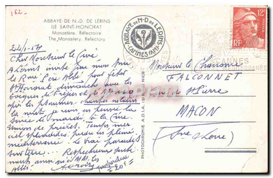 CPA Ile St Honorat Monastere Refectoire  — Verso