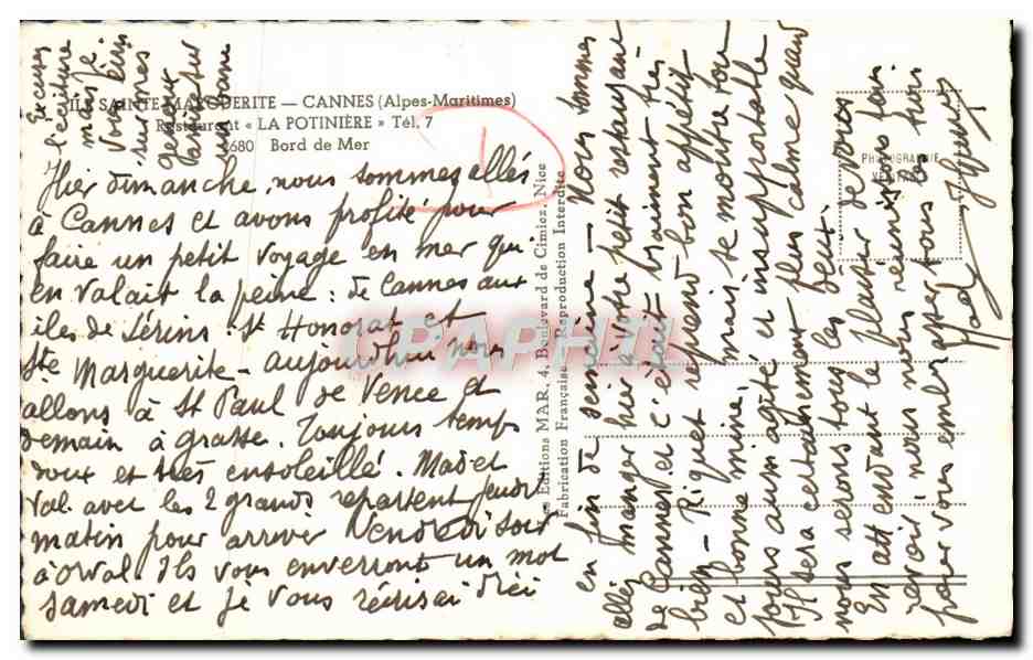 CPM lle Saint Marguerite Cannes Restaurant La Potiniere — Verso