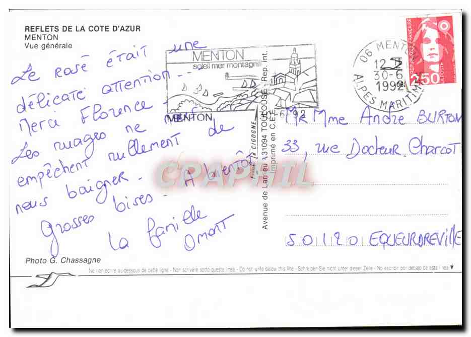 CPM Menton Vue generale — Verso