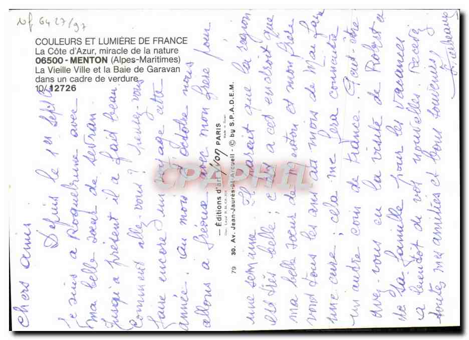 CPM Menton Cote D'Azur Souvenir de Menton — Verso