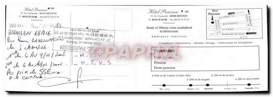 CPM Menton Hotel parisien  — Rückseite