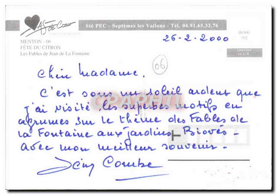 CPM Menton Fete du citron Les fables de la fontaine  — Verso