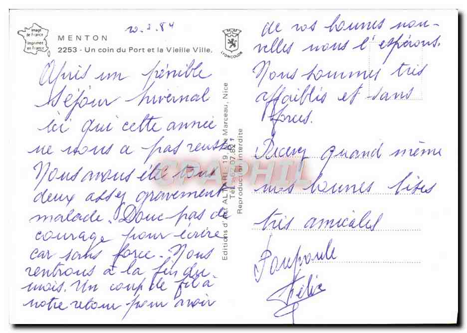 Menton — Un coin du Port et la Vieille Ville — Éditions A.L.R. Nice — Verso