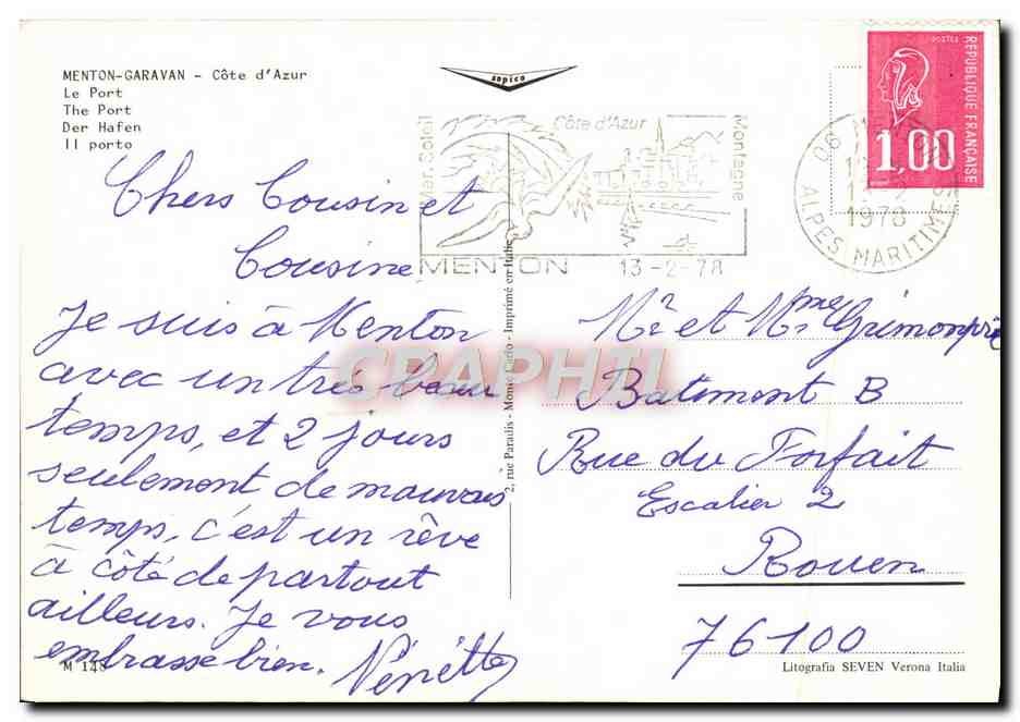 CPM Menton Garavan Cote D'Azur Le port — Rückseite