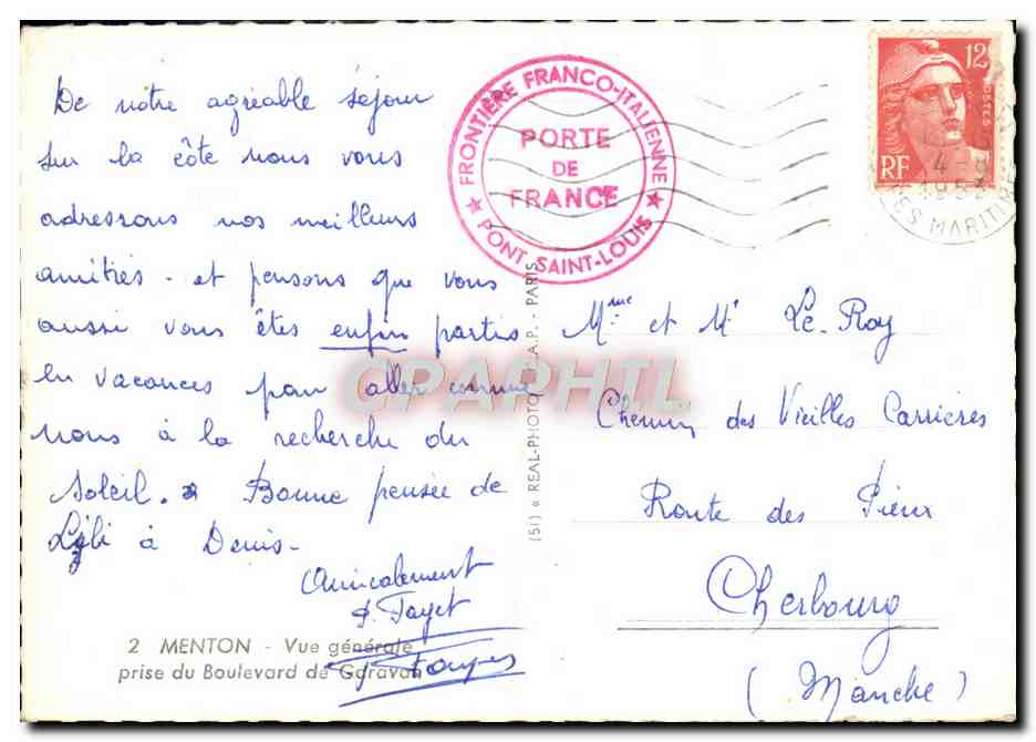 CPM Menton Vue Generale Prise du Boulevard du Garavan — Rückseite