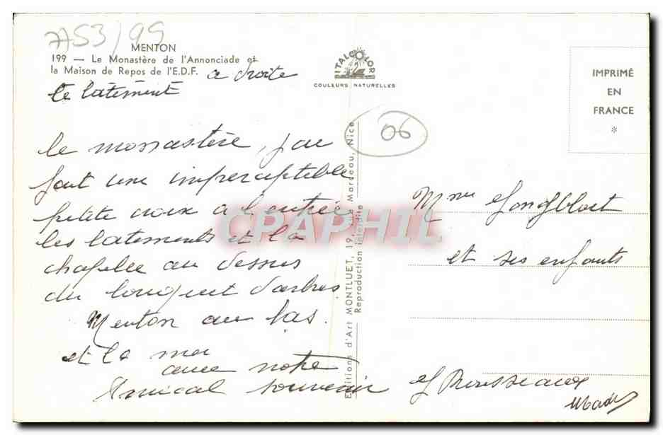 CPA Menton Le Monastere de L'Annonciade la Maison de Repos de l'EDF — Rückseite