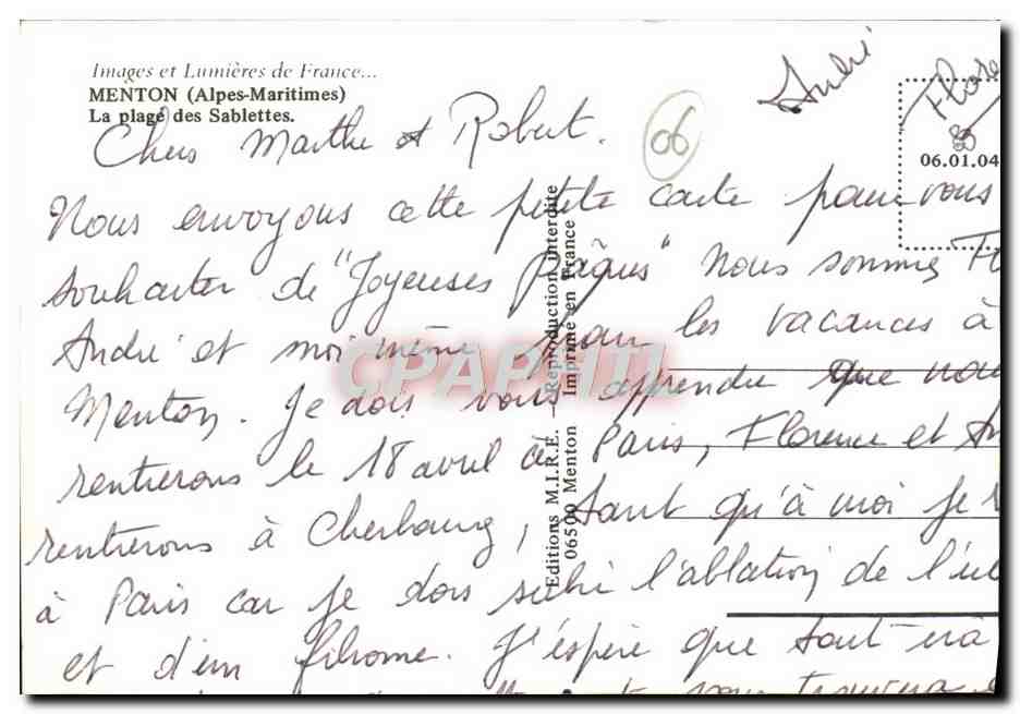 CPM Menton La plage et les sablettes — Rückseite