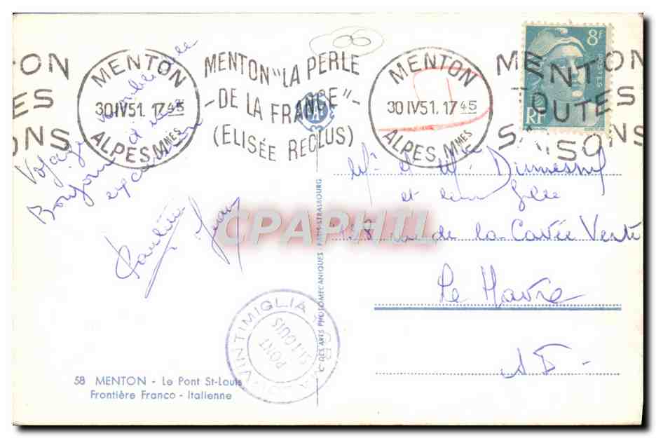 CPA Menton Le Pont St Louis Frontiere Franco italienne  — Rückseite