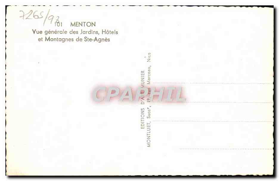 CPA Menton Vue Generale Des Jardins Hotels et montagnes de St Agnes — Rückseite
