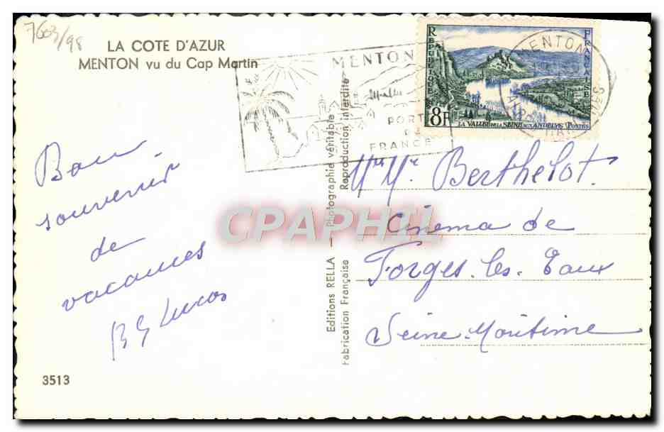 Le Pavillon Restaurant — Menton vu du Cap Martin — Éditions Rella — Verso