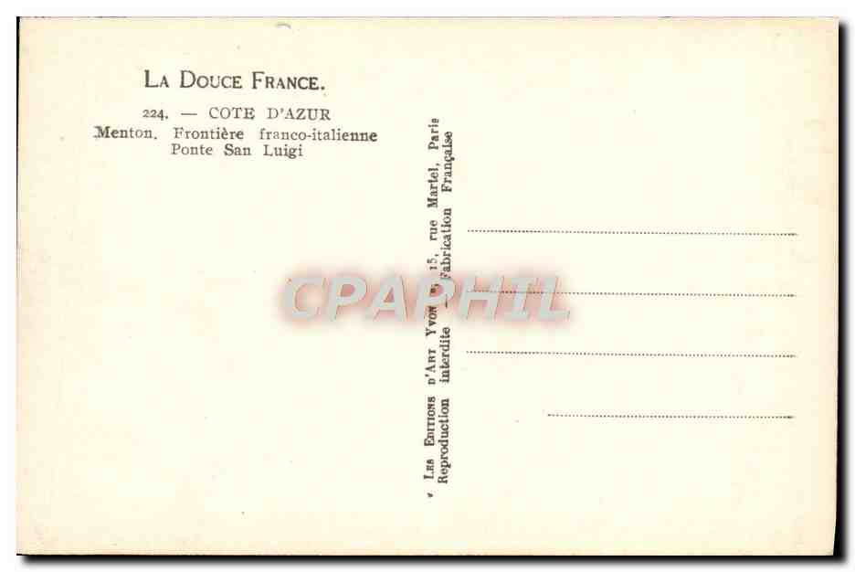 CPA Menton Frontiere Franco Italienne Ponte San Luigi — Rückseite