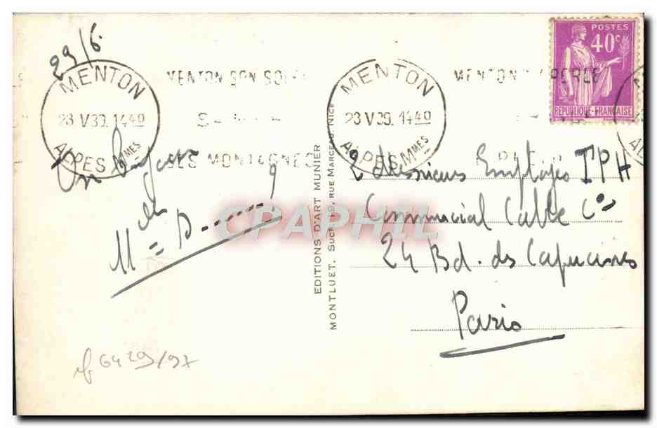 CPA Menton Le Quai Bonaparte — Rückseite