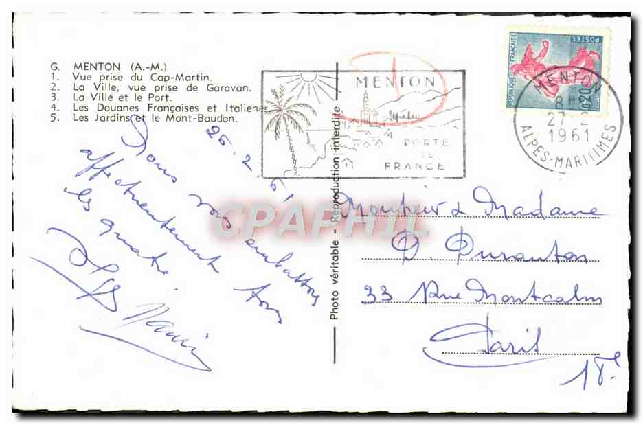 CPA Menton Souvenir  — Verso