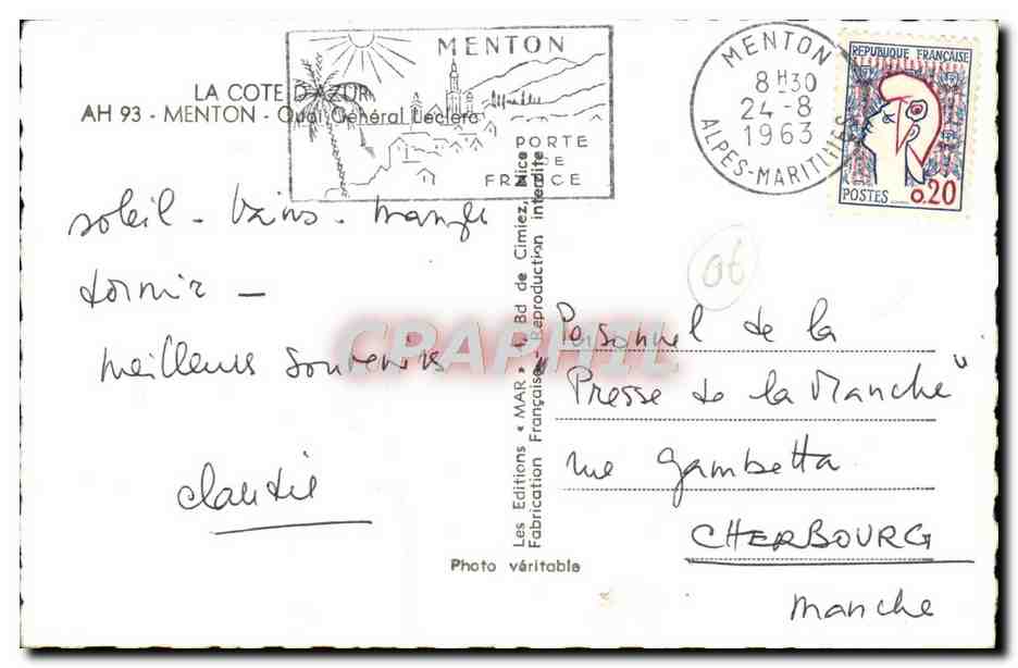 CPA Menton Quai General Leclerc — Verso