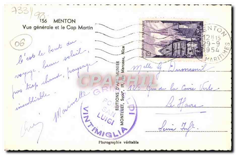 CPA Menton Vue Generale et le Cap Martin — Rückseite