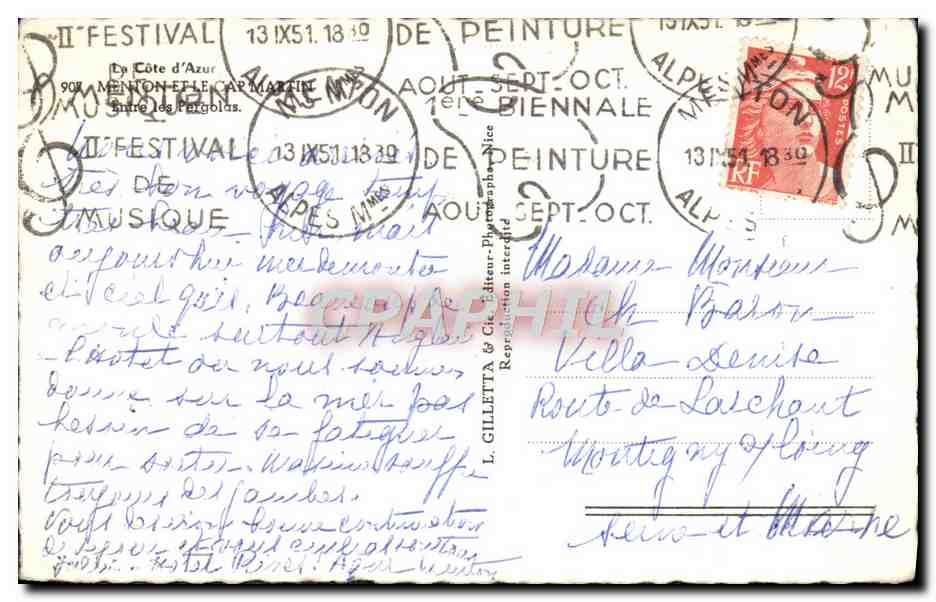 CPA Menton et le Cap Martin Entre les Pergolas — Verso
