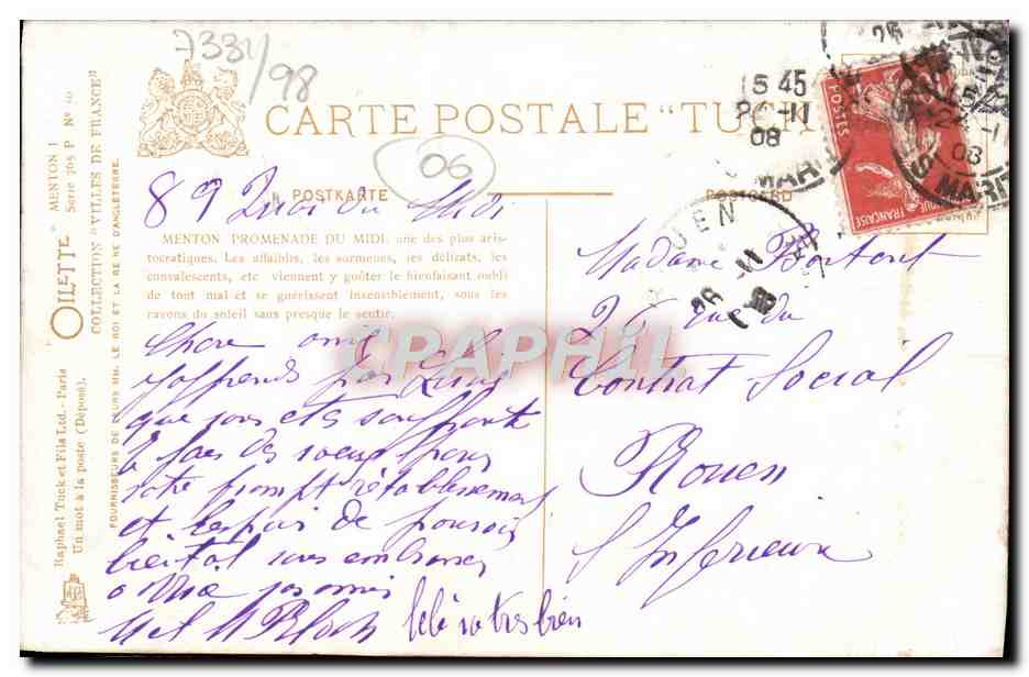 CPA Menton Promenade Du Midi — Rückseite