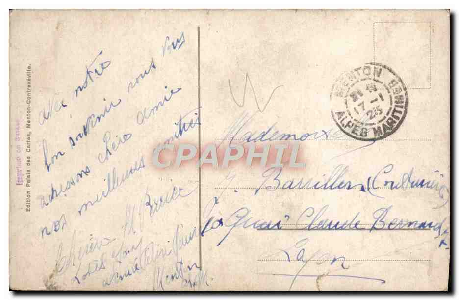 CPA Menton Les Rochers du Cap Martin Par un Coup de mer  — Verso