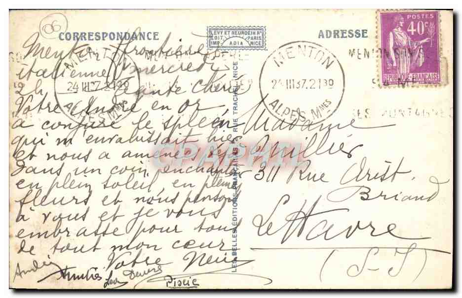 CPA Menton Avenue de la Frontiere Automobile Traction avant  — Rückseite