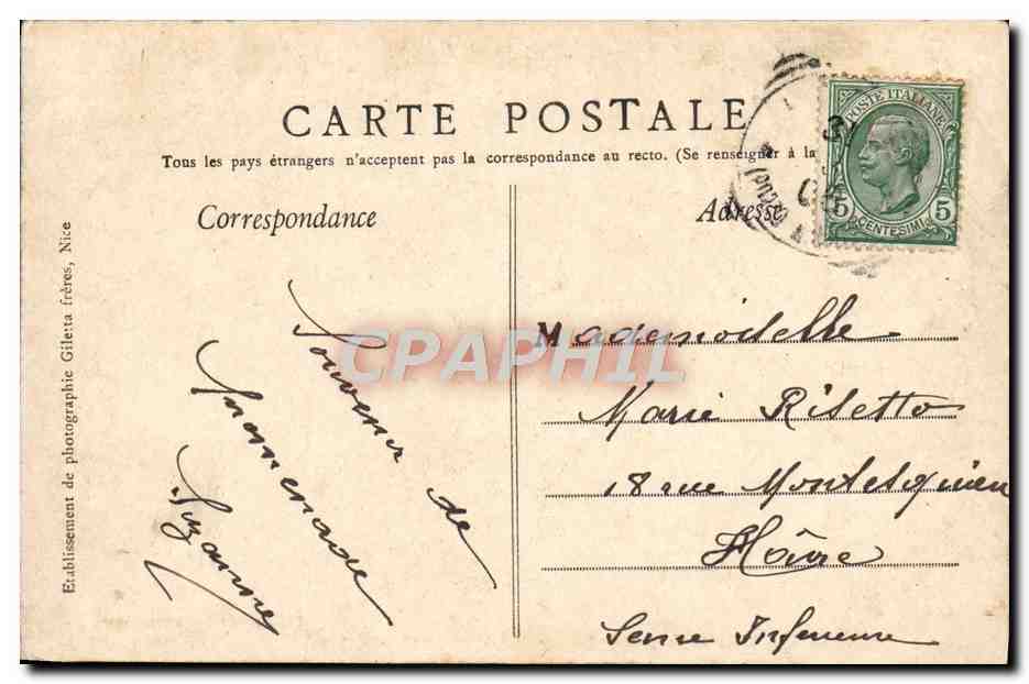 CPA Menton Vue Prise de L'Auberge Garibaldi Femme  — Rückseite