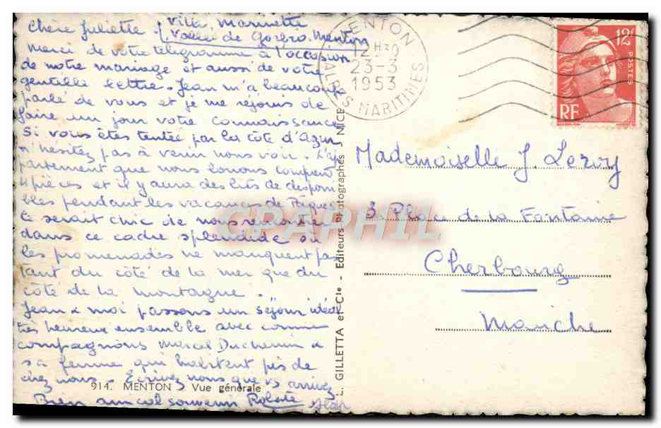 CPA Menton Vue Generale — Rückseite