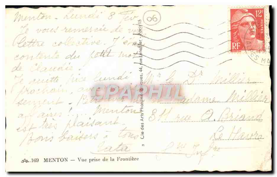 CPA Menton Vue Prise de la Frontiere — Verso