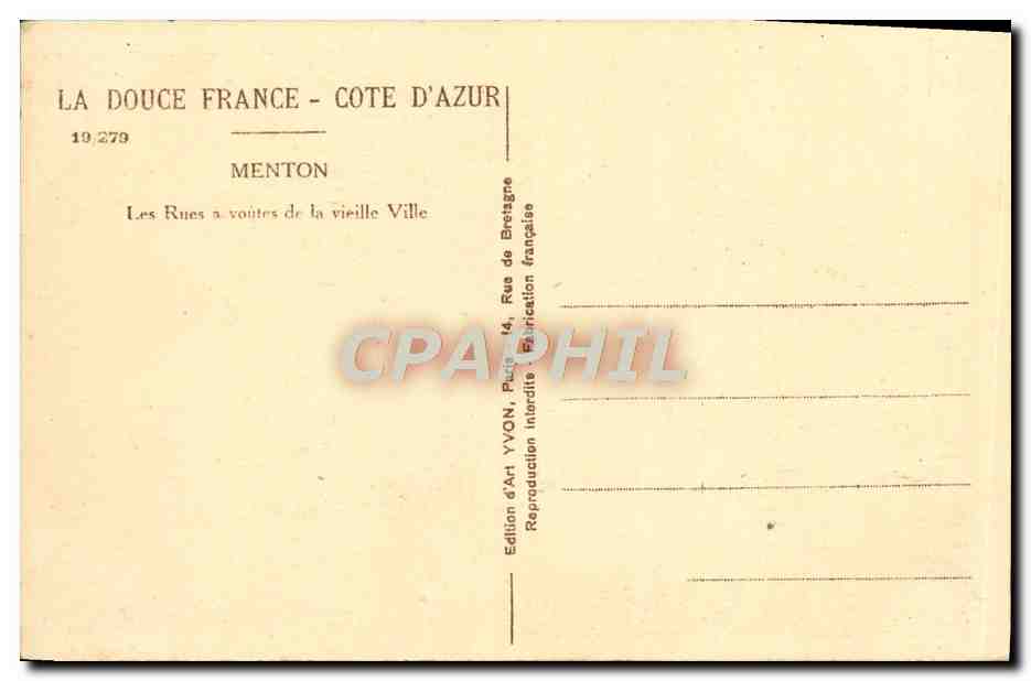 CPA Menton Les rues a voute de La Vieille Ville — Rückseite