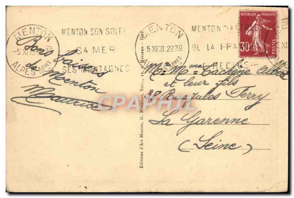 CPA Menton Souvenir  — Verso