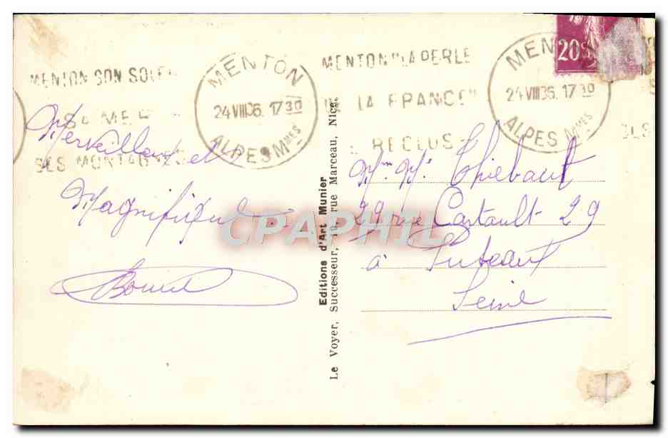 CPA Menton Vue Generale Les Casernes Militaria — Verso