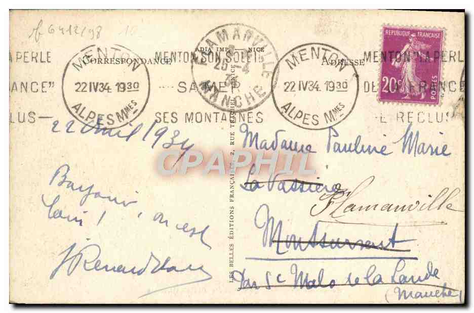 Menton — La Frontière Franco-Italienne — Éditions Les Belles Éditions Françaises — Verso