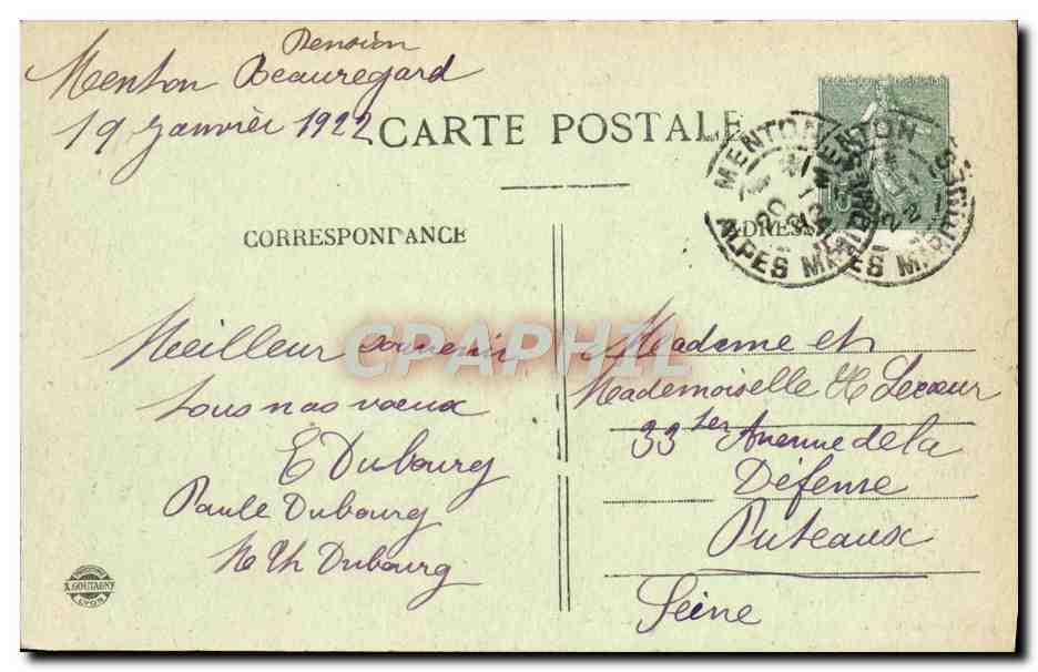 CPA Menton Le quai de Garavan — Rückseite