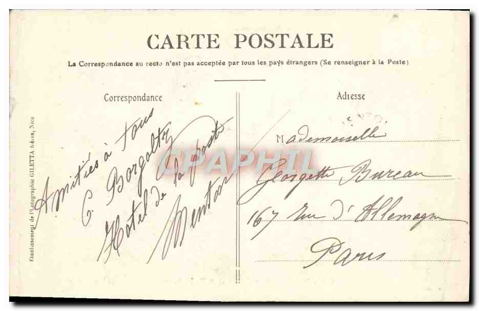 CPA Menton Allee Des Palmiers — Rückseite