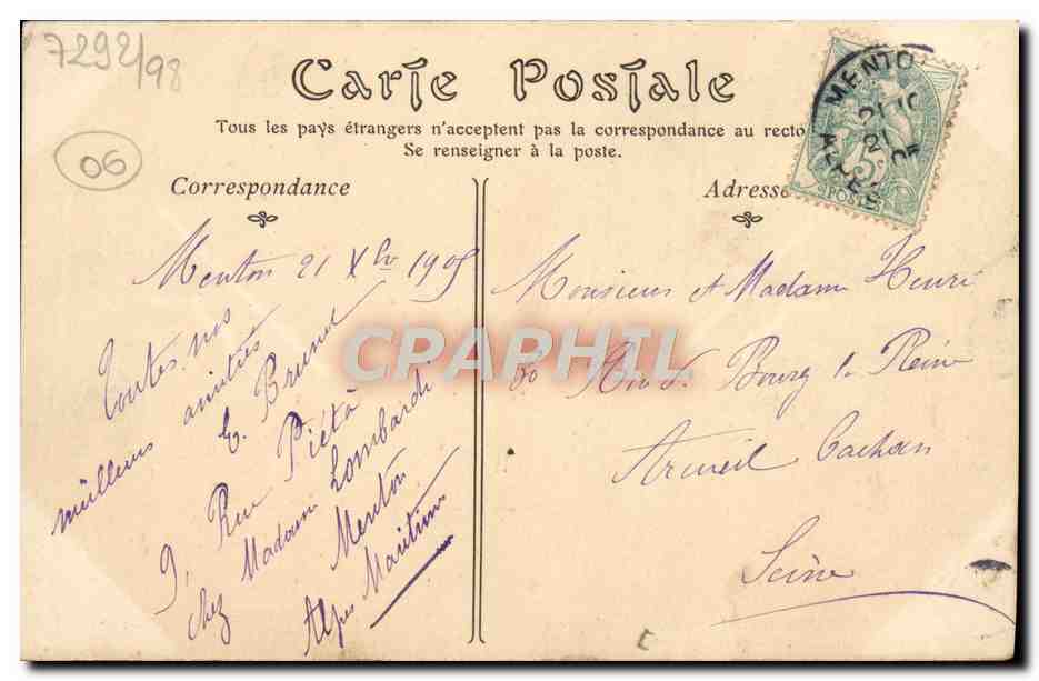 CPA Menton L'Avenue Felix Faure — Verso