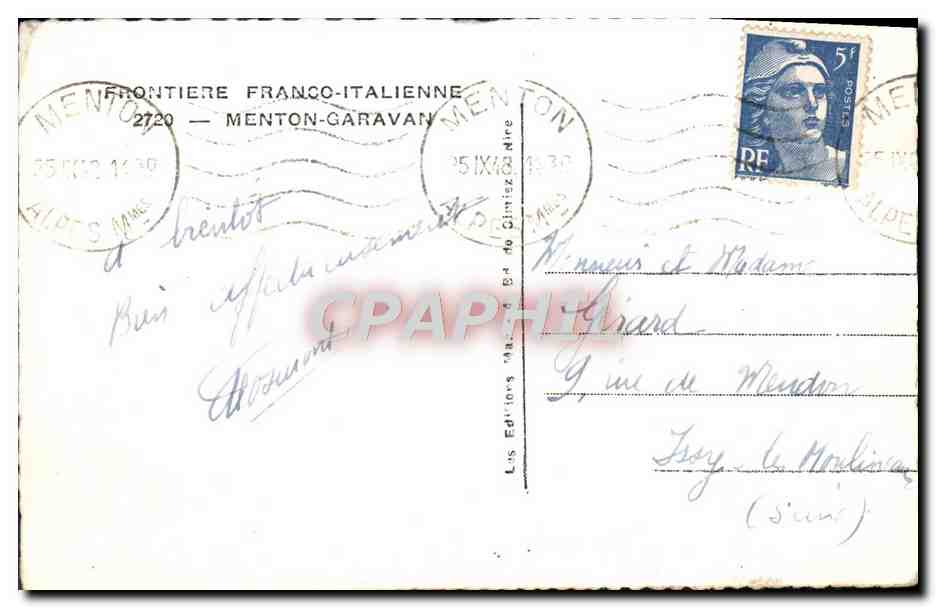 CPA Menton Garavan Frontiere franco italienne — Rückseite