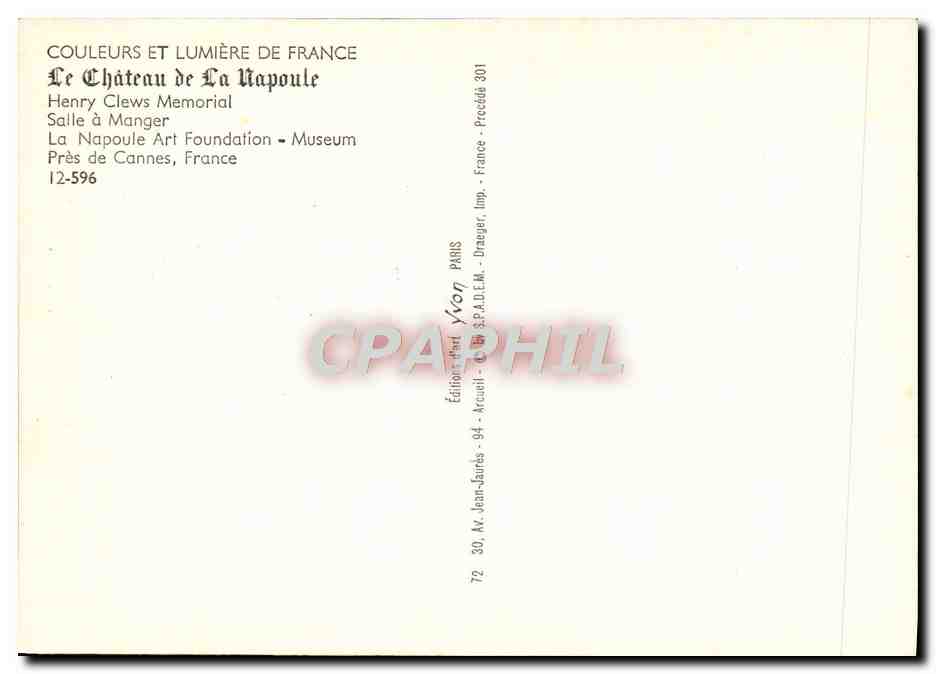 CPM Le chateau de La Napoule Henry Clews memorial Salle a manger  — Verso
